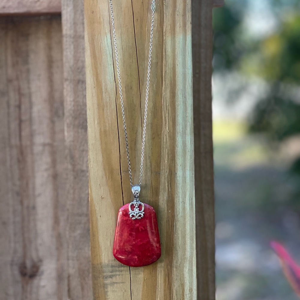 Red Sponge Coral Pendant Necklace Sterling Silver